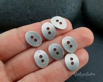 Silver Plated Button Charms, Rustic Silver Buttons, Oval Metal Buttons, Silver Button Connectors, 12 Pc