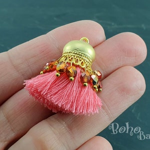 Pompon en coton rose saumon, pompon en perles de cristal, accessoires de bijoux pompon, pompon Boho, pendentif mini pompon, plaqué or, pompon de boucle d&#39;oreille