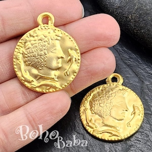 Gold Greek Coin Pendant, Gold Coin Charm, Large Greek Coin Medallion, 1 Pc