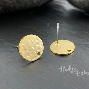 Gold Round Stud Earrings, Hammered Gold Plated Disc Earring Posts with 1 Hole, STMG12