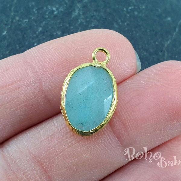 Aquamarine Blue Jade Pendant, Oval Gemstone Charm, Gold Plated Hammered Bezel, Oval Gemstone Pendant