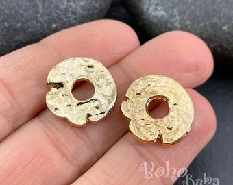 Shiny Gold Plated Heishi Beads, Gold Spacer Beads, Round Hammered Rustic Disc Charms, 4Pc