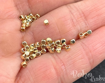 Gold Cube Beads, 2mm Tiny Cube Spacer Beads, Shiny Gold Square Beads, Cubical Beads, 50 Pc