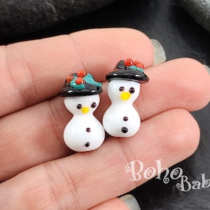 Handmade Murano Glass Snowman Charm, Lampworked Snowman Bead, 1pc