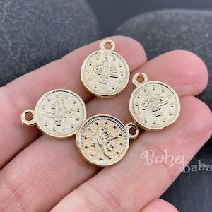 Shiny Gold Plated Coin Charms, Coin Jewelry Findings, Turkish Ottoman Coin Charms, 8 Pc