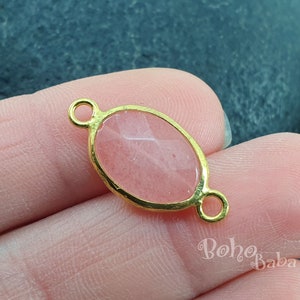 Rose Quartz Pink Jade Connector, Double Bail Charm, Gold Plated Hammered Bezel Link Connector, Gemstone Bracelet Findings, Connector Station
