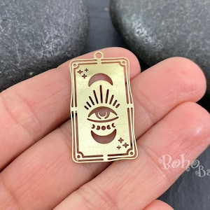 Raw Brass Third Eye Charm, Brass Sun Crescent Moon Star Charm, Brass Mystical Charm, Laser Cut Findings, MLRB59