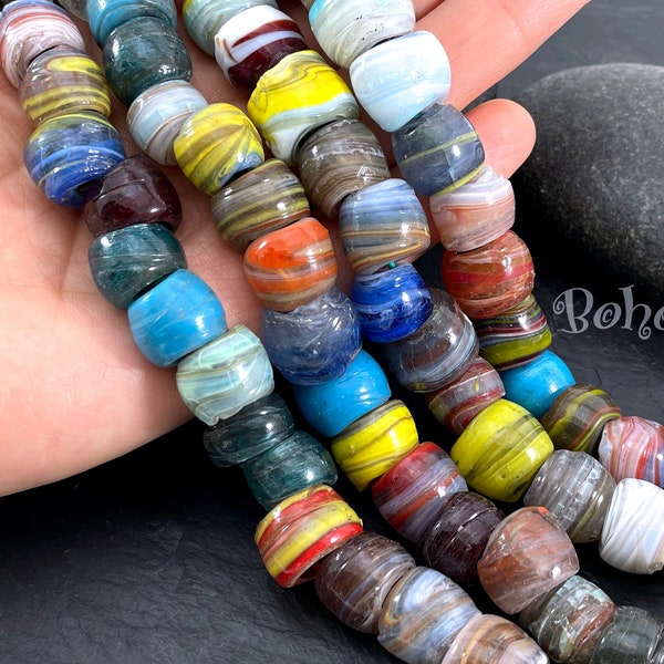 Turkish Artisan Handmade Marbled Glass Round Beads, Large Hole Glass Ball Beads