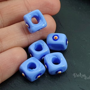 Blue Evil Eye Beads, Lampwork Evil Eye Beads, Handmade Glass Cube Beads, Square Evil Eye Bead, Protective Amulet, 2 pc