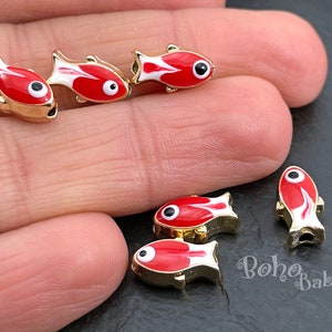 Shiny Gold Plated Fish Charms, Enamelled Red Fish Spacer Beads, Double Sided Fish Bracelet Charms, 2 Pc