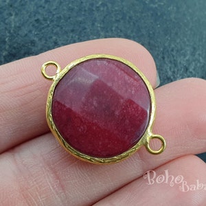 Burgundy Red Jade Connector, Double Bail Charm, Gold Plated Hammered Bezel Connector Link, Gemstone Bracelet Charm, 22mm, Connector Station
