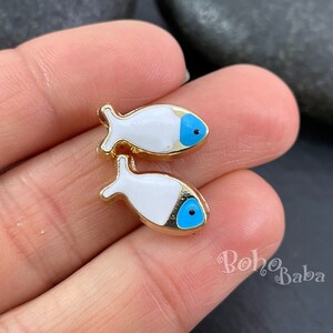 Shiny Gold Plated Fish Charms, Enamelled White Fish Spacer Beads, Double Sided Fish Bracelet Charms, 2 Pc