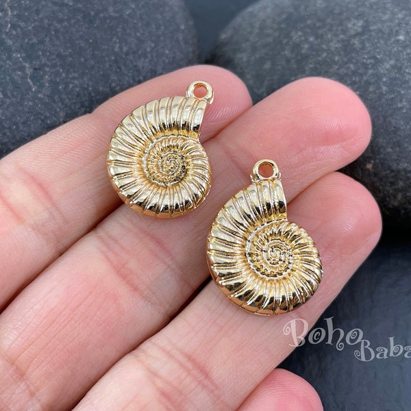 Shiny Gold Plated Seashell Charms, Gold Nautilus Charms, Shell Findings, 3 Pc