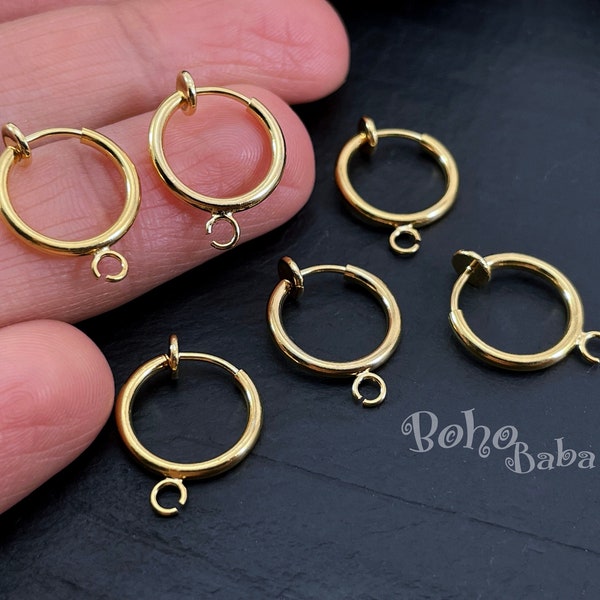 Gold Clip-On  Huggie Hoop Earrings, For Non-Pierced Ears, Shiny Gold Plated Spring Ring Clasp