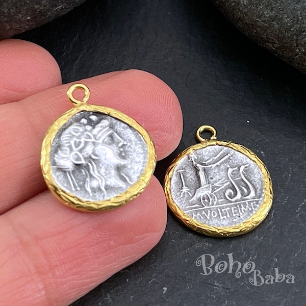 Silver Greek Coin Pendant, Goddess Artemis Coin Charm, Ancient Greek Medallion Charm Findings