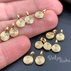 Shiny Gold Plated Swirl Charms, Mini Round Spiral Charms, Gold Beading Charms, 15 pc