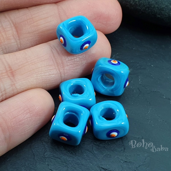 Turquoise Blue Evil Eye Beads, Handmade Glass Cube Beads, Square Evil Eye Bead, Necklace Beads, Protective Amulet, Lampwork Beads, 2 pc