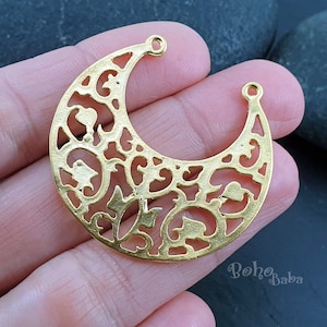 Gold Crescent Pendant, Filigree Crescent, Crescent Connector, Large Crescent, Crescent  Earring Charms, Crescent Connector, Tribal Jewelry