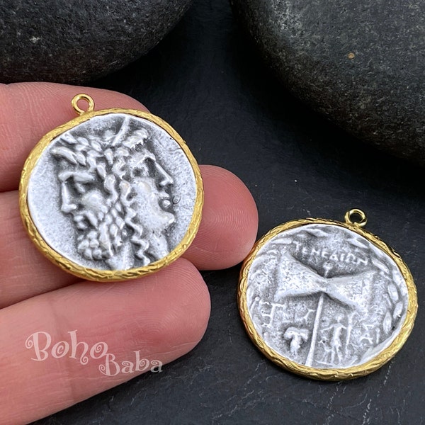Greek Coin Medallion, Rustic Greek Pendant, Roman Coin Pendant, Silver Coin Pendant, Medallion Necklace, Large Zeus Coin, Gold Plated