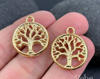 Shiny Gold Plated Tree Charms, Gold Tree of Life Charms, 5 Pc