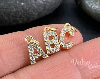 Gold Plated Pave Initial Charms, Cubic Zirconia Alphabet Letter Charms, Initial Charms for Jewellery