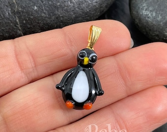 Handmade Murano Glass Penguin Charm with Gold Plated Snap On Bail, 1pc