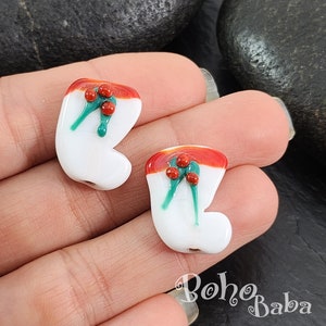 Murano Glass Christmas Stocking Charm, Handmade Lampworked Xmas Stocking Bead, 1pc