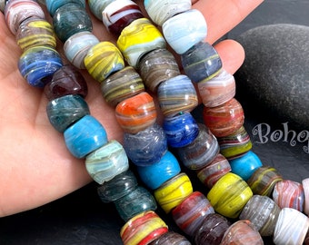 Turkish Artisan Handmade Marbled Glass Round Beads, Large Hole Glass Ball Beads