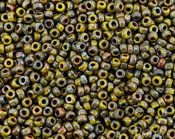 Miyuki Seed Beads, Round Rocailles 11/0, 4519, Opaque Dark Yellow Picasso, 10 Grams