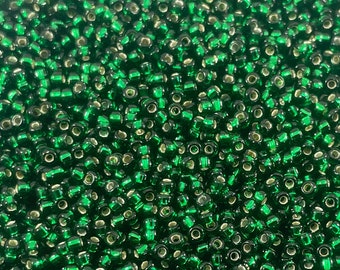 Miyuki Seed Beads, Round Rocailles 11/0, 27 Silver Lined Dark Emerald, 10 Grams