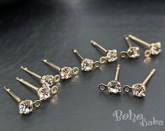 Gold Plated Cubic Zirconia Post Earrings, Crystal Stud Earring Blanks with Loop, 10 Pc