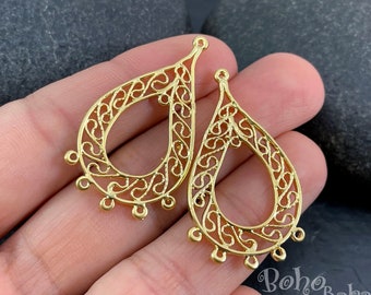 Tribal Gold Charms, Filigree Teardrop Connectors, Multi Loop Charms, Chandelier Earring Findings, 2pc