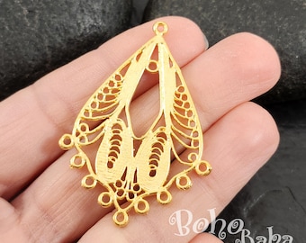 Matte Gold Plated Tribal Filigree Pendant, Large Focal Pendant, Chandelier Earring Findings, Multi Loop Connectors, 1pc