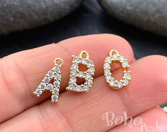 Gold Plated Pave Initial Charms, Alphabet Letter Charms, Cubic Zirconia Initial Charms for Jewellery