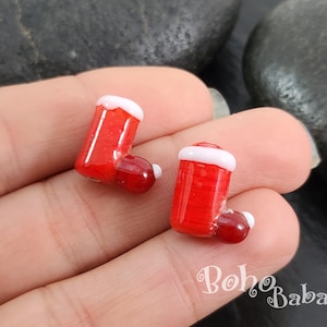Murano Glass Red Christmas Stocking Charm, Handmade Lampworked Xmas Stocking Bead, 1pc