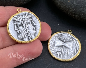 Greek Coin Medallion, Rustic Greek Pendant, Roman Coin Pendant, Silver Coin Pendant, Medallion Necklace, Large Zeus Coin, Gold Plated