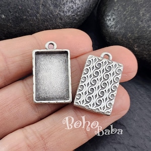 Antique Silver Plated Rectangle Bezel Blanks, Resin Jewelry Tray Blank Pendant, Cameo Cabochon Frame Base Setting, 2Pc