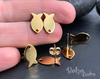 Gold Plated Fish Stud Earrings, Fish Ear Posts, Fish Earring Posts, Gold Earring Blanks, 6pc