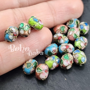 Handmade Cloisonne Beads, Floral Enamel Brass Beads, Oval Cloisonne Beads, Vintage Style Cloisonne Spacers, 5 Pieces