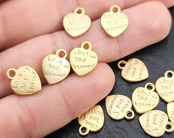 Matte Gold Plated Love Heart Charms, Gold Heart Bracelet Charms, Gold Heart Drop Charms, 6 Pc