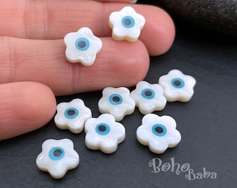 Mother of Pearl Flower Evil Eye Beads, Natural Freshwater Shell Beads with Enamel Evil Eye