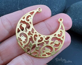 Gold Plated Filigree Crescent Pendant: Brass Earring Connector (40mm)