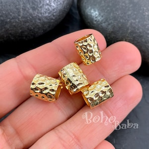 Shiny Gold Plated Large Hole Tube Spacer Beads, Hammered Jewellery Barrel Beads, 4Pc