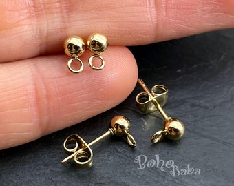 Gold Plated Ball Post Earrings, 4mm Ball Stud Earrings with Loop, Earring Stud Blanks, 10 Pc