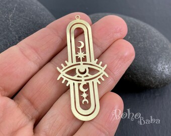 Breloque mauvais oeil en laiton brut, breloque étoile en croissant de lune en laiton, breloque mystique en laiton, boucles d'oreilles découpées au laser, MLRB42