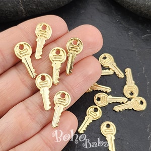 Shiny Gold Plated Mini Key Charms, Key Jewelry Findings, 8 Pc
