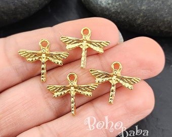 Shiny Gold Plate Dragonfly Charms, Mini Dragonfly Charms, 6 Pc