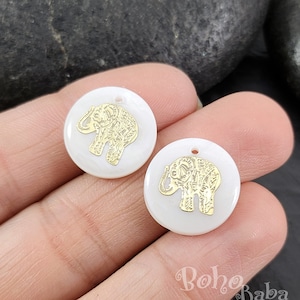 Mother Of Pearl Gold Plated Elephant Etched Charms, Freshwater Shell Pedants, Flat Round MOP Elephant Beads, 1pc