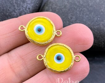 Gold Plated Yellow Murano Glass Evil Eye Charm, Handmade Connector
