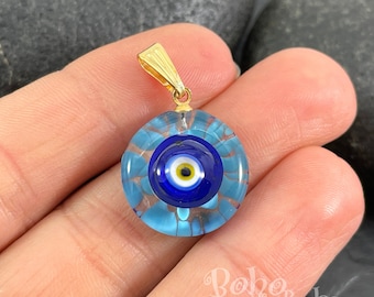 Dije de ojo malvado de Murano hecho a mano con cierre a presión bañado en oro, colgante de ojo malvado azul trabajado con lámpara